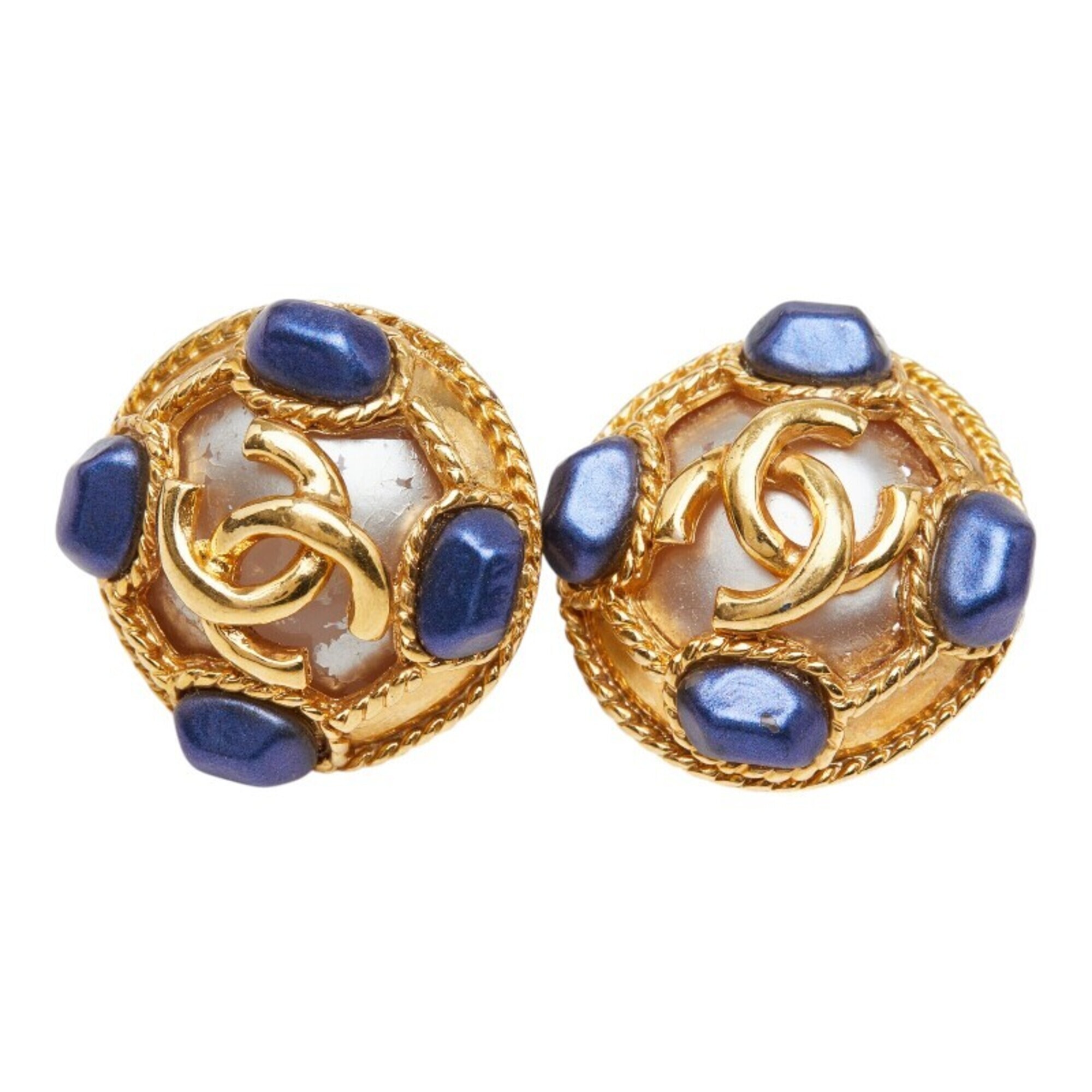 Chanel Coco Mark Vintage Round Earrings, 95a Stamp, Gold And Blue Plated, Fau...